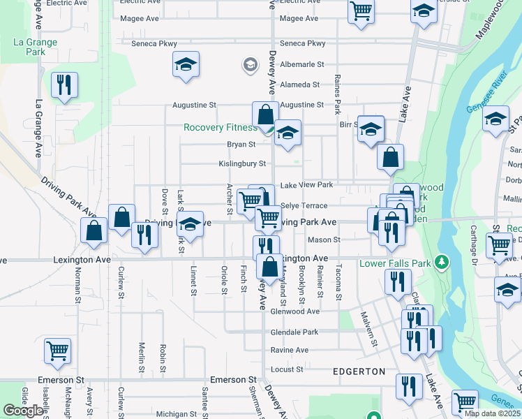map of restaurants, bars, coffee shops, grocery stores, and more near 292 Selye Terrace in Rochester