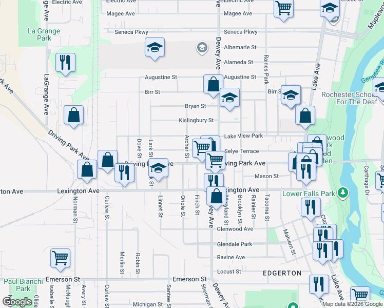 map of restaurants, bars, coffee shops, grocery stores, and more near 340 Selye Terrace in Rochester