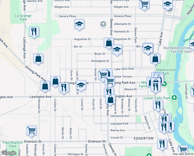 map of restaurants, bars, coffee shops, grocery stores, and more near 340 Selye Terrace in Rochester