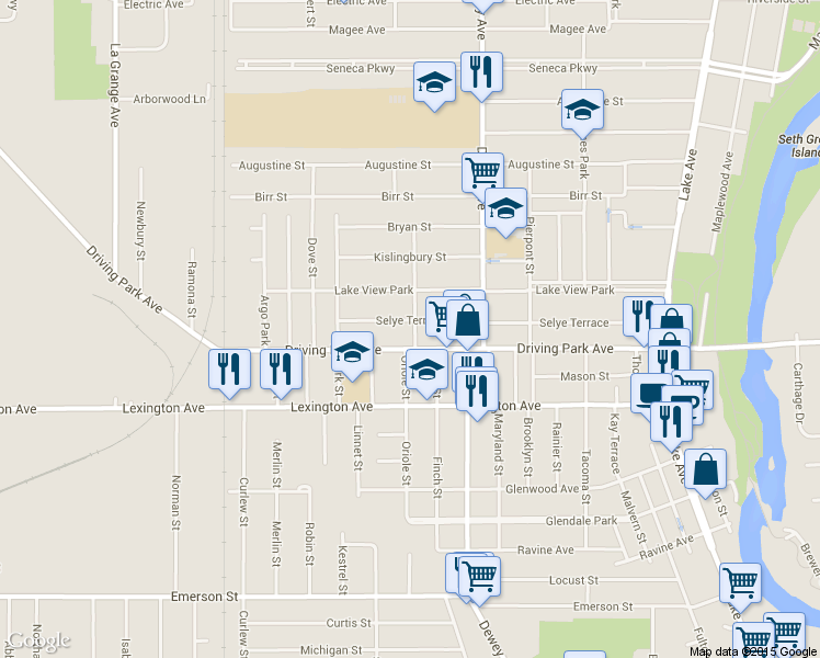 map of restaurants, bars, coffee shops, grocery stores, and more near 340 Selye Terrace in Rochester