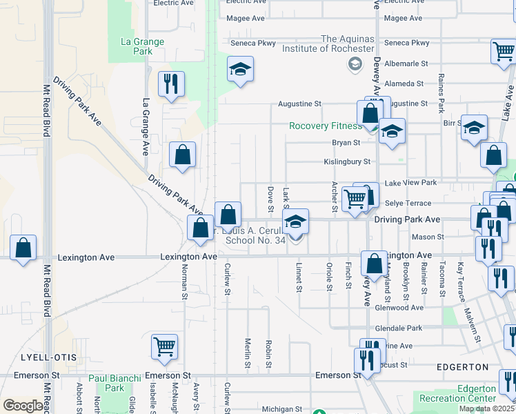 map of restaurants, bars, coffee shops, grocery stores, and more near 130 Bidwell Terrace in Rochester