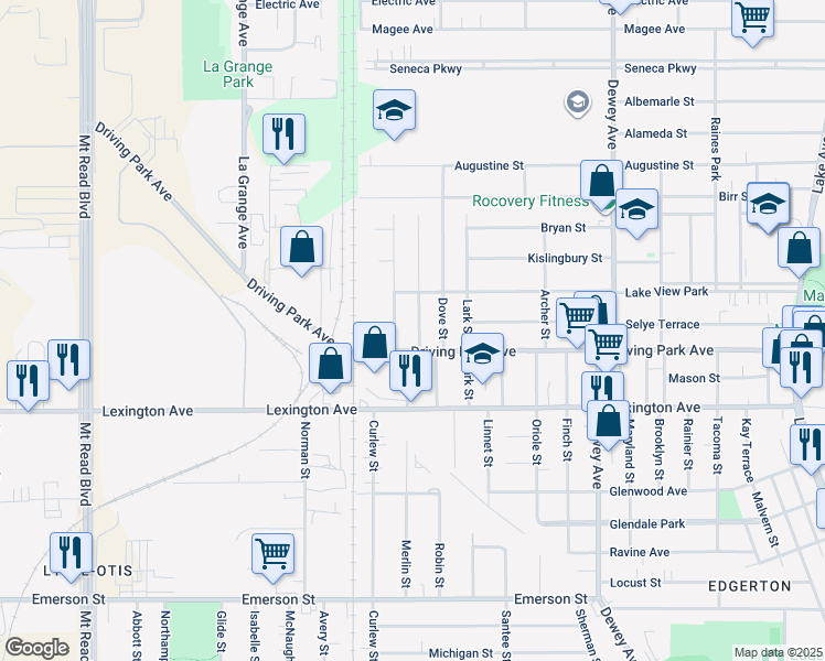 map of restaurants, bars, coffee shops, grocery stores, and more near 130 Bidwell Terrace in Rochester