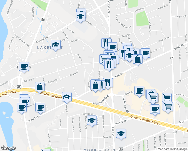 map of restaurants, bars, coffee shops, grocery stores, and more near 172 Dorothy Street in St. Catharines