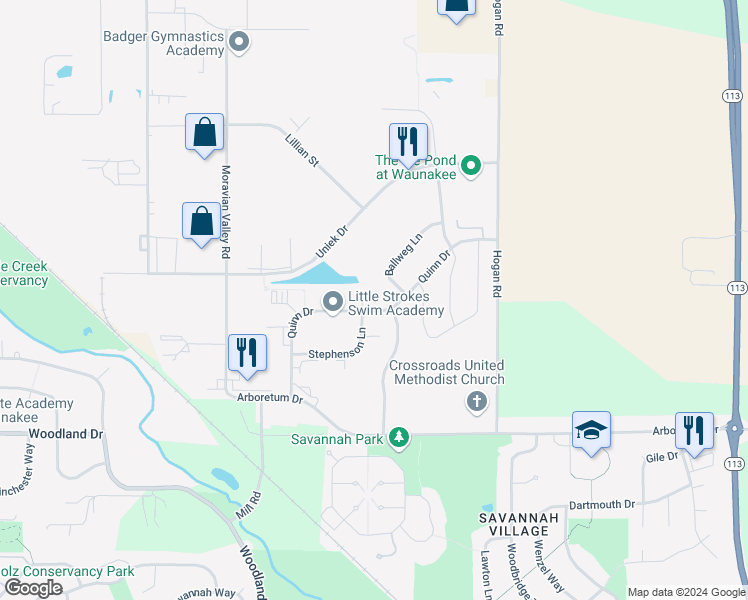 map of restaurants, bars, coffee shops, grocery stores, and more near 1040 Quinn Drive in Waunakee