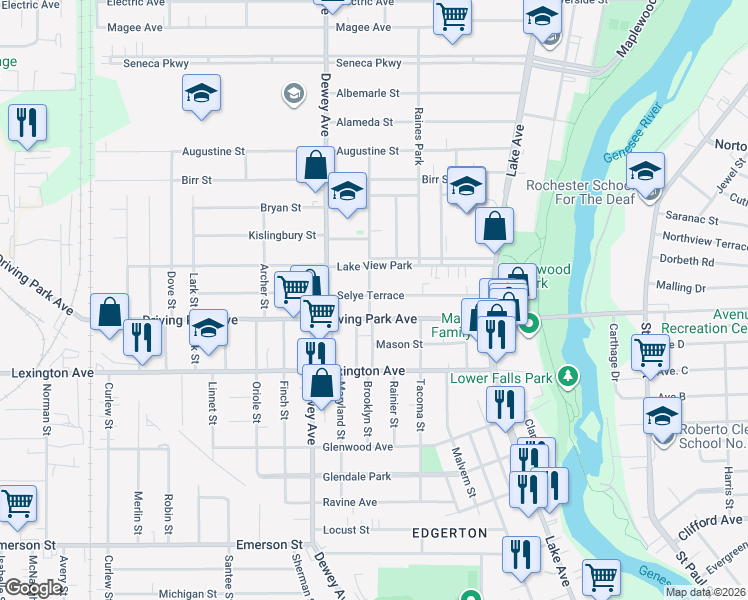 map of restaurants, bars, coffee shops, grocery stores, and more near in Rochester