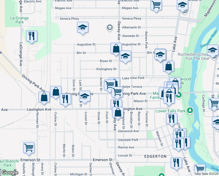 map of restaurants, bars, coffee shops, grocery stores, and more near 292 Selye Terrace in Rochester