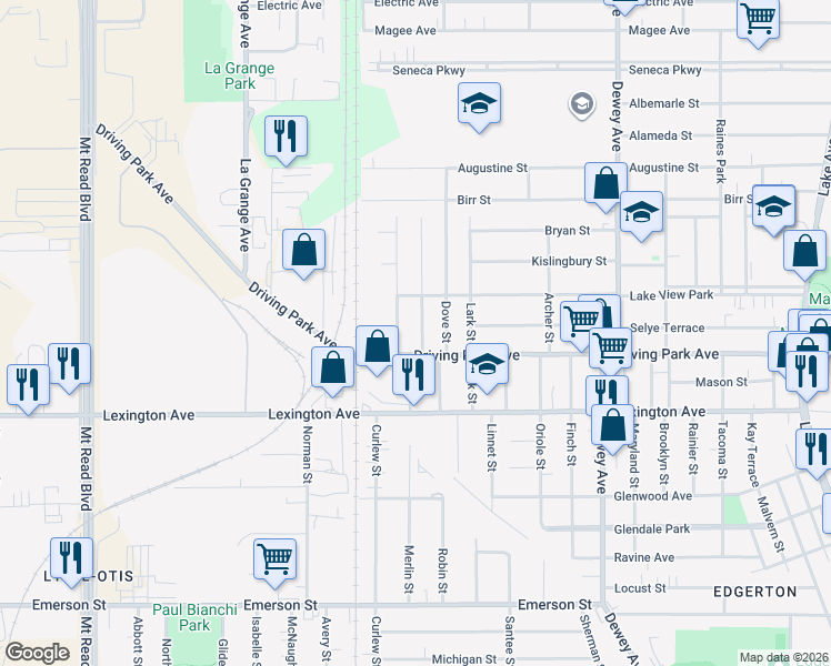 map of restaurants, bars, coffee shops, grocery stores, and more near 130 Bidwell Terrace in Rochester