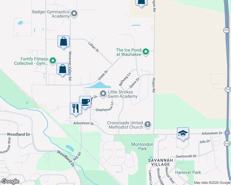 map of restaurants, bars, coffee shops, grocery stores, and more near 1040 Quinn Drive in Waunakee