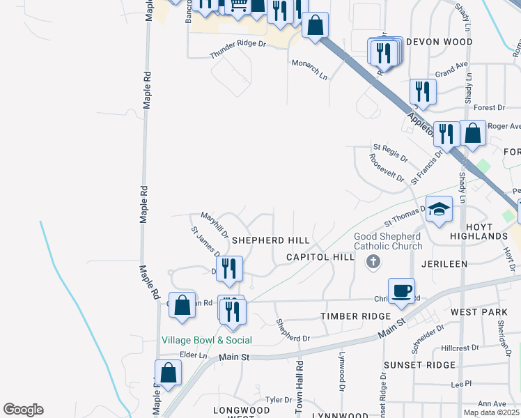 map of restaurants, bars, coffee shops, grocery stores, and more near N90W18210 Lambs Lane in Menomonee Falls