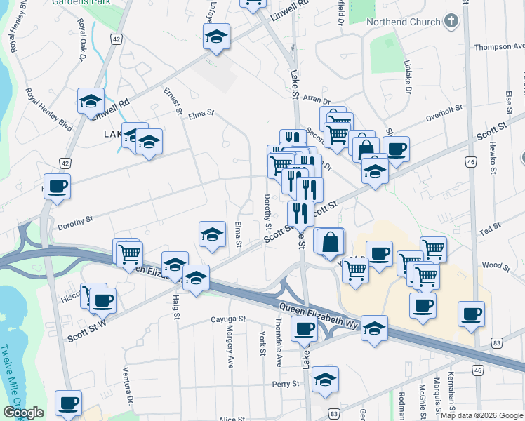 map of restaurants, bars, coffee shops, grocery stores, and more near 188 Dorothy Street in St. Catharines