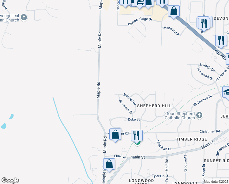 map of restaurants, bars, coffee shops, grocery stores, and more near N90W18648 Maryhill Drive in Menomonee Falls