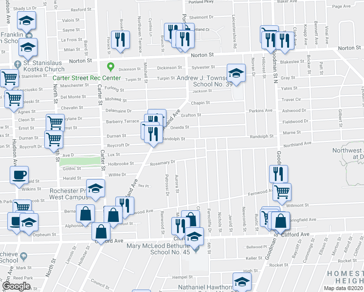 map of restaurants, bars, coffee shops, grocery stores, and more near 230 Lux Street in Rochester