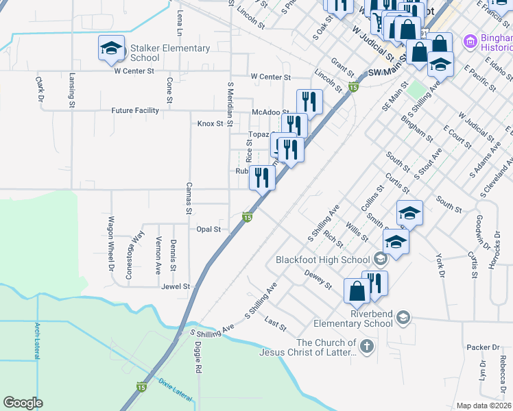 map of restaurants, bars, coffee shops, grocery stores, and more near Interstate 15 Business Loop in Blackfoot
