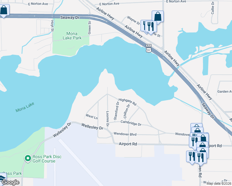 map of restaurants, bars, coffee shops, grocery stores, and more near 3828 Highgate Road in Norton Shores