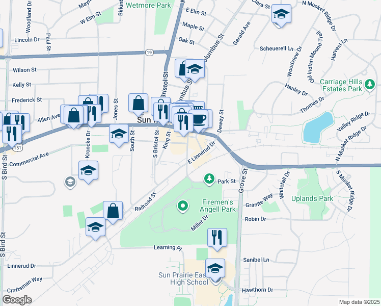 map of restaurants, bars, coffee shops, grocery stores, and more near 155 Market Street in Sun Prairie