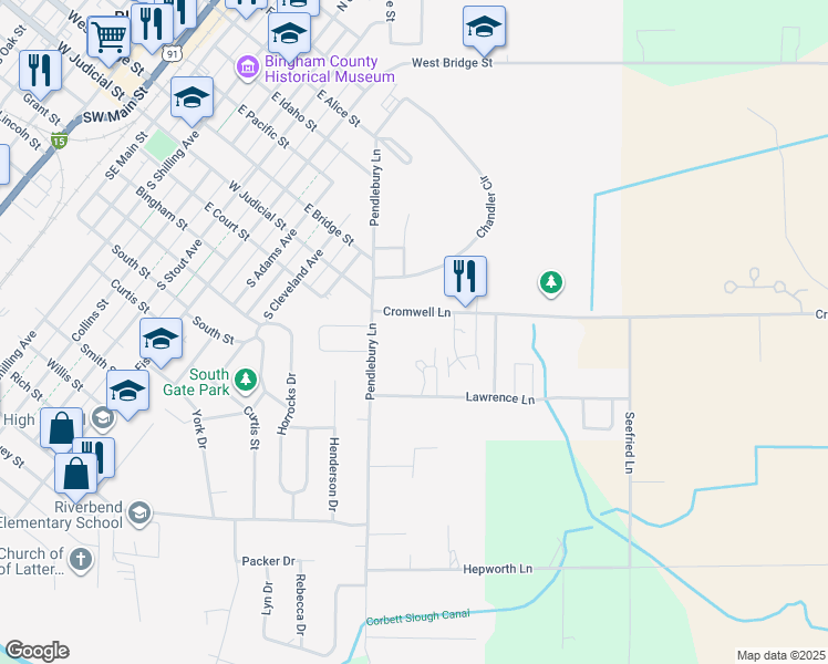 map of restaurants, bars, coffee shops, grocery stores, and more near 1670 Cromwell Lane in Blackfoot