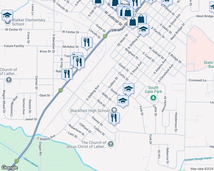 map of restaurants, bars, coffee shops, grocery stores, and more near 686 South Shilling Avenue in Blackfoot