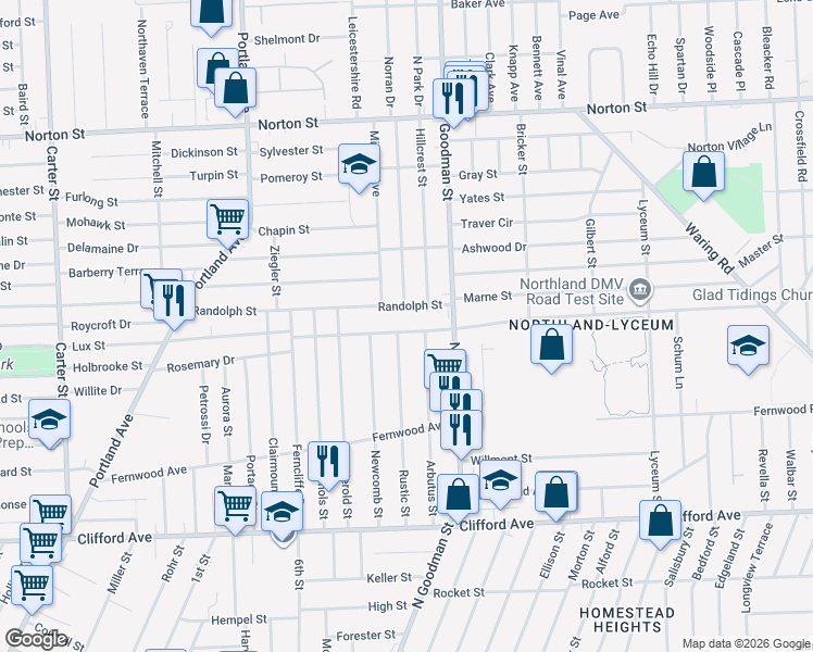 map of restaurants, bars, coffee shops, grocery stores, and more near 285 Randolph Street in Rochester