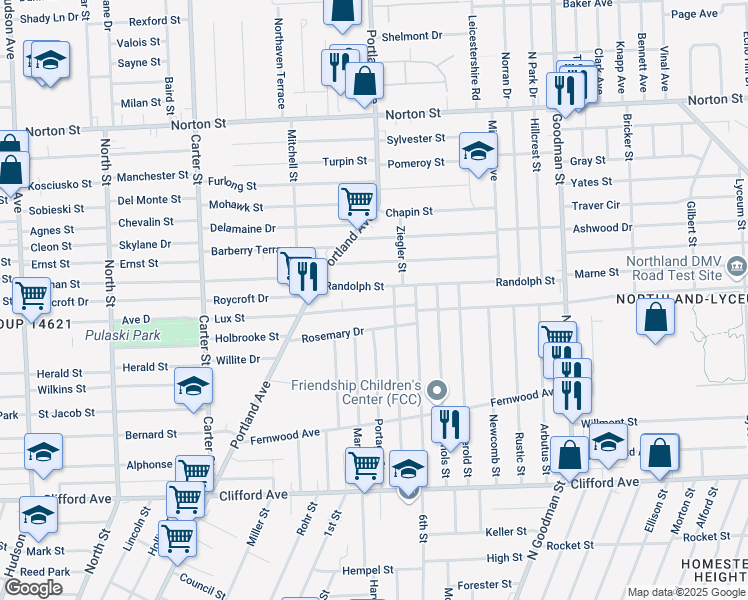 map of restaurants, bars, coffee shops, grocery stores, and more near 71 Randolph Street in Rochester