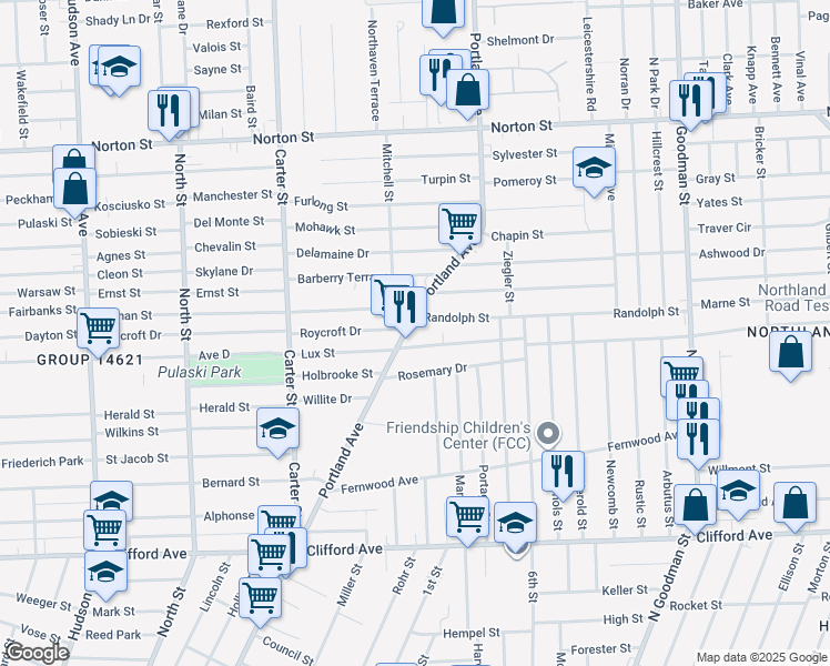 map of restaurants, bars, coffee shops, grocery stores, and more near 23 Randolph Street in Rochester