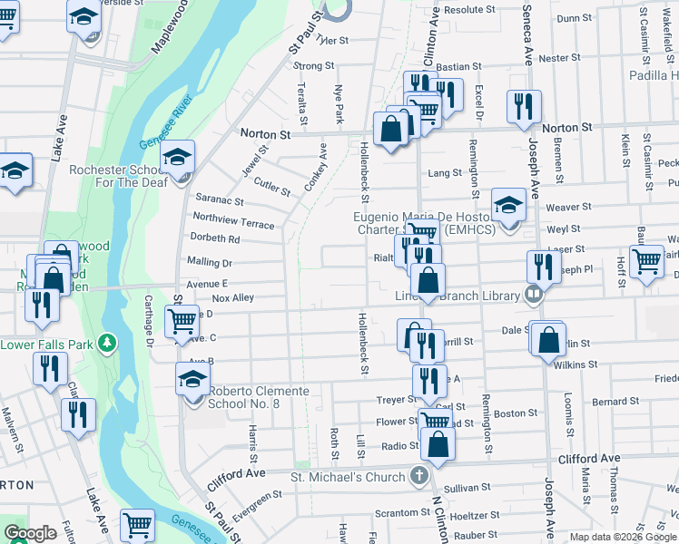 map of restaurants, bars, coffee shops, grocery stores, and more near 38 Ok Terrace in Rochester
