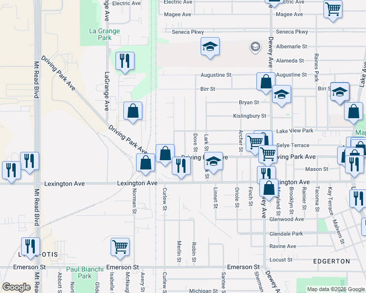 map of restaurants, bars, coffee shops, grocery stores, and more near 130 Bidwell Terrace in Rochester