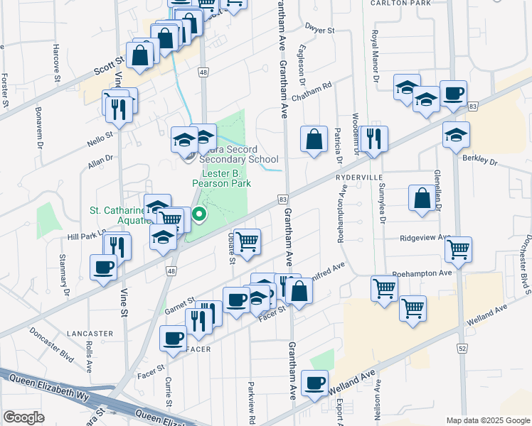 map of restaurants, bars, coffee shops, grocery stores, and more near in St. Catharines