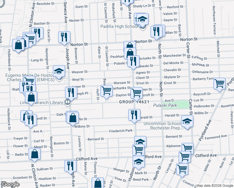 map of restaurants, bars, coffee shops, grocery stores, and more near 54 Dayton Street in Rochester