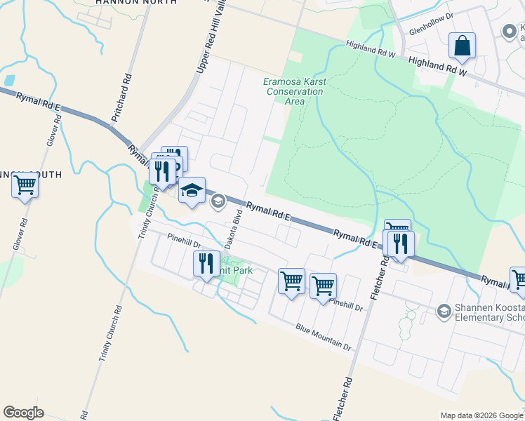 map of restaurants, bars, coffee shops, grocery stores, and more near 1869 Rymal Road East in Hamilton