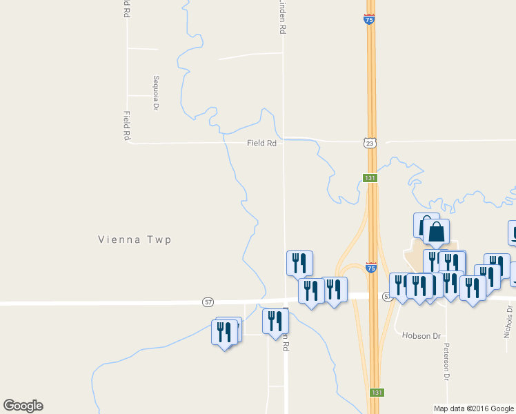 map of restaurants, bars, coffee shops, grocery stores, and more near 12157 N Linden Rd in Clio