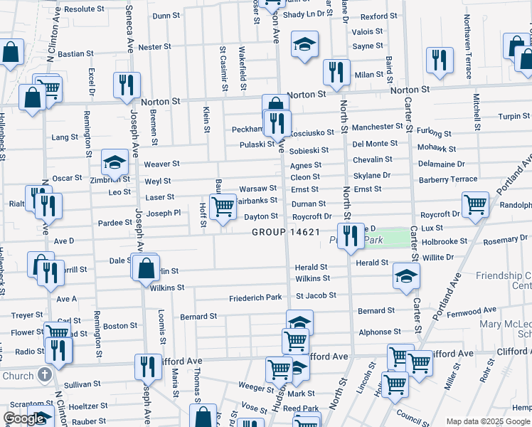 map of restaurants, bars, coffee shops, grocery stores, and more near 96 Dayton Street in Rochester