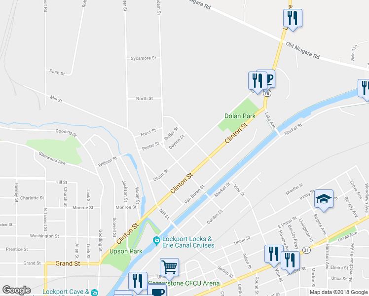 map of restaurants, bars, coffee shops, grocery stores, and more near 143 Olcott Street in Lockport
