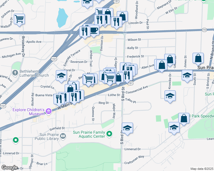 map of restaurants, bars, coffee shops, grocery stores, and more near 960 West Main Street in Sun Prairie