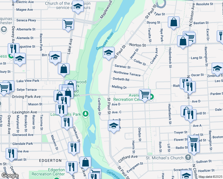 map of restaurants, bars, coffee shops, grocery stores, and more near 1400 Saint Paul Street in Rochester
