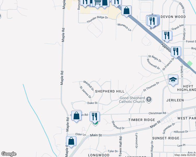 map of restaurants, bars, coffee shops, grocery stores, and more near W182N9039 Amy Lane in Menomonee Falls