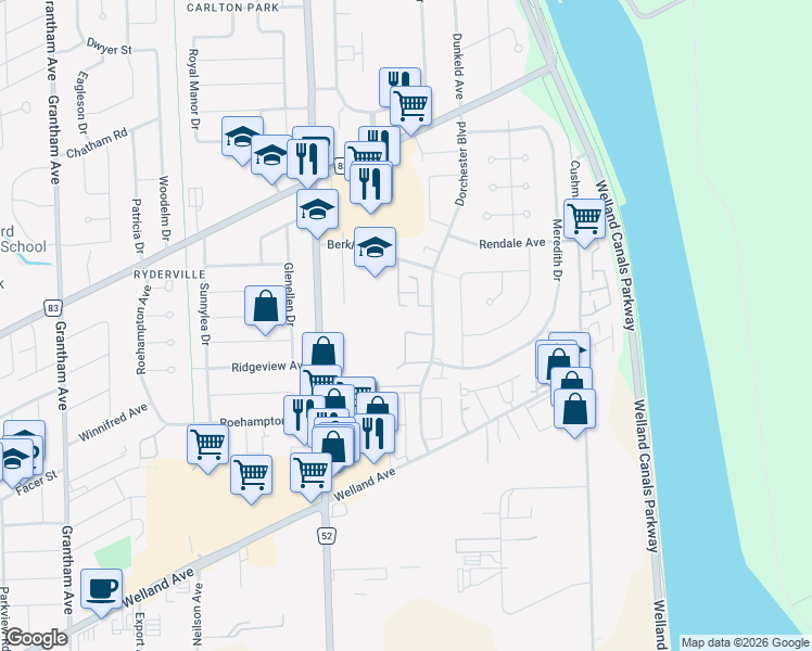 map of restaurants, bars, coffee shops, grocery stores, and more near 65 Dorchester Boulevard in St. Catharines