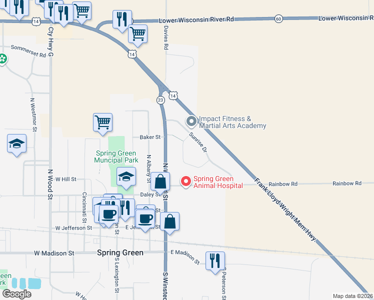 map of restaurants, bars, coffee shops, grocery stores, and more near 412 Spring Street in Spring Green