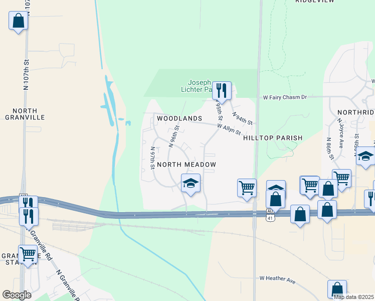 map of restaurants, bars, coffee shops, grocery stores, and more near 8960 North Michele Street in Milwaukee