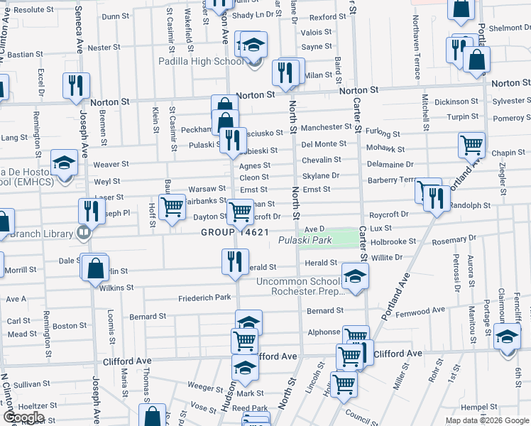 map of restaurants, bars, coffee shops, grocery stores, and more near 43 Durnan Street in Rochester