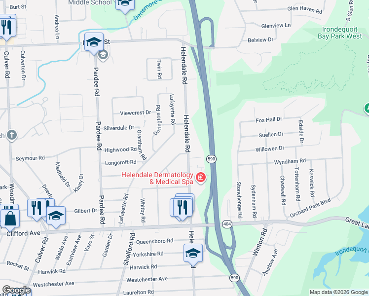 map of restaurants, bars, coffee shops, grocery stores, and more near 595 Helendale Road in Rochester