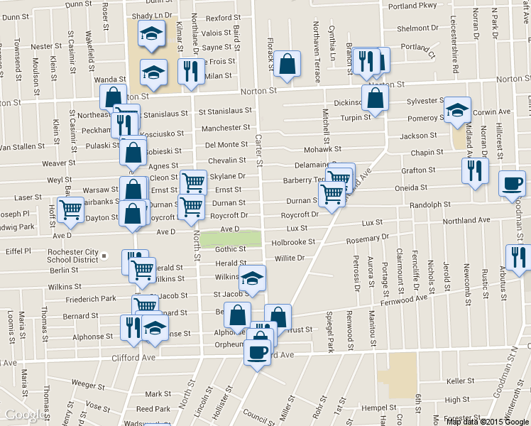 map of restaurants, bars, coffee shops, grocery stores, and more near in Rochester