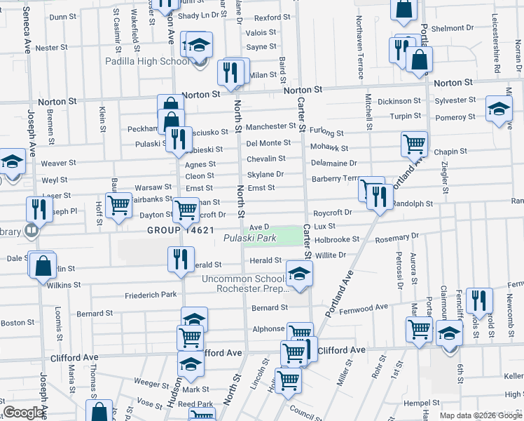 map of restaurants, bars, coffee shops, grocery stores, and more near 201 Durnan Street in Rochester