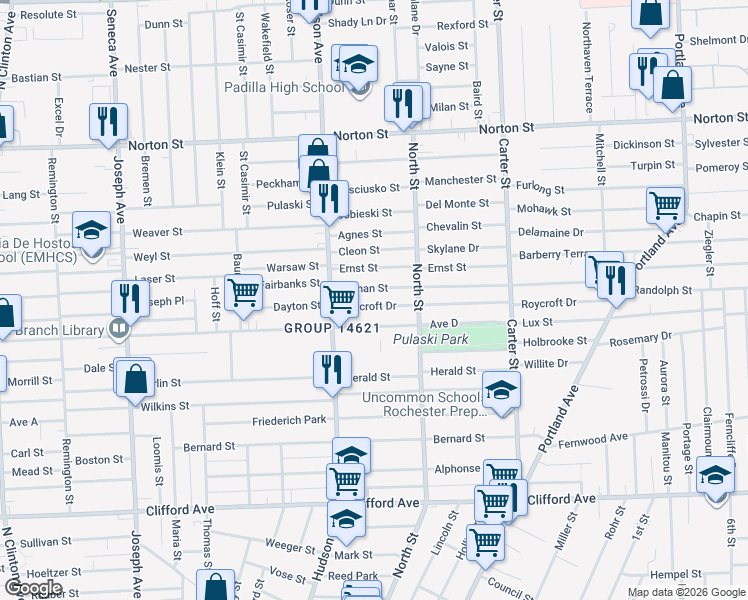 map of restaurants, bars, coffee shops, grocery stores, and more near 43 Durnan Street in Rochester