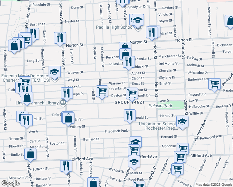 map of restaurants, bars, coffee shops, grocery stores, and more near 73 Fairbanks Street in Rochester