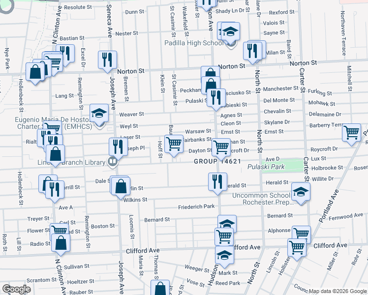 map of restaurants, bars, coffee shops, grocery stores, and more near 21 Fairbanks Street in Rochester