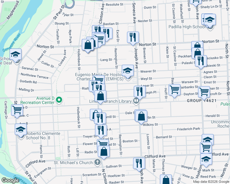map of restaurants, bars, coffee shops, grocery stores, and more near 76 Kohlman Street in Rochester