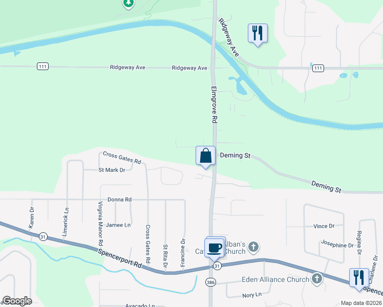 map of restaurants, bars, coffee shops, grocery stores, and more near 85 Elmore Drive in Rochester