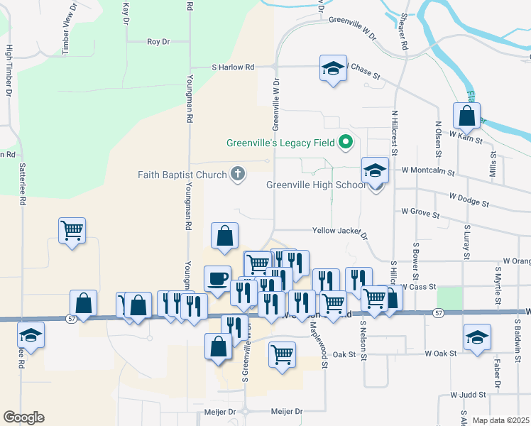 map of restaurants, bars, coffee shops, grocery stores, and more near 1610 Winter Creek Court in Greenville
