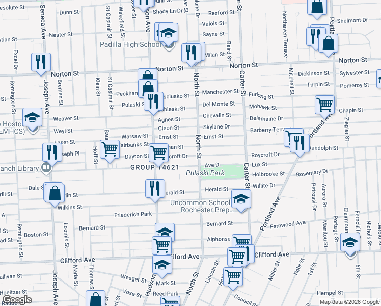 map of restaurants, bars, coffee shops, grocery stores, and more near 106 Roycroft Drive in Rochester