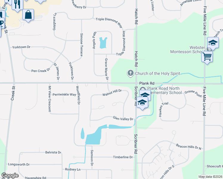 map of restaurants, bars, coffee shops, grocery stores, and more near 3 Pine Meadow Drive in Penfield